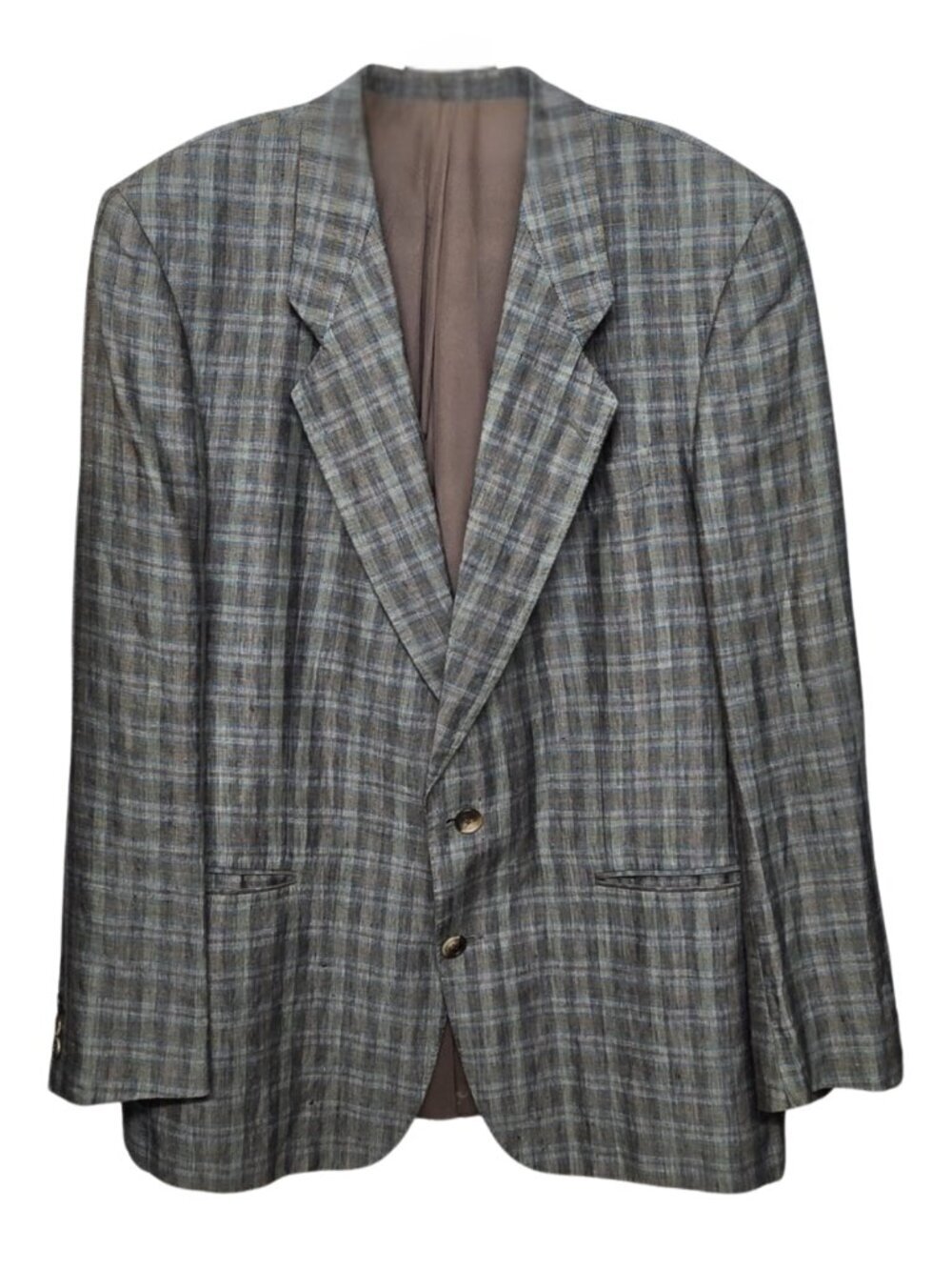 Mens Vintage Blazer Sports Coat 100% Linen Plaid Made in Austria Green Gray